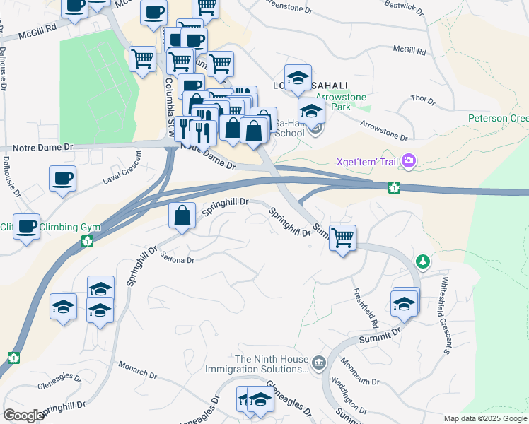 map of restaurants, bars, coffee shops, grocery stores, and more near 1469 Springhill Drive in Kamloops