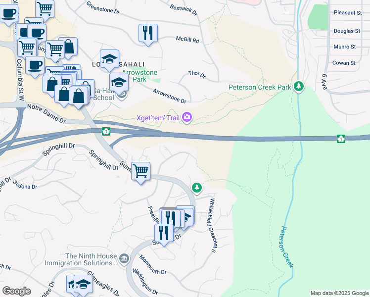 map of restaurants, bars, coffee shops, grocery stores, and more near 124 Whiteshield Crescent in Kamloops