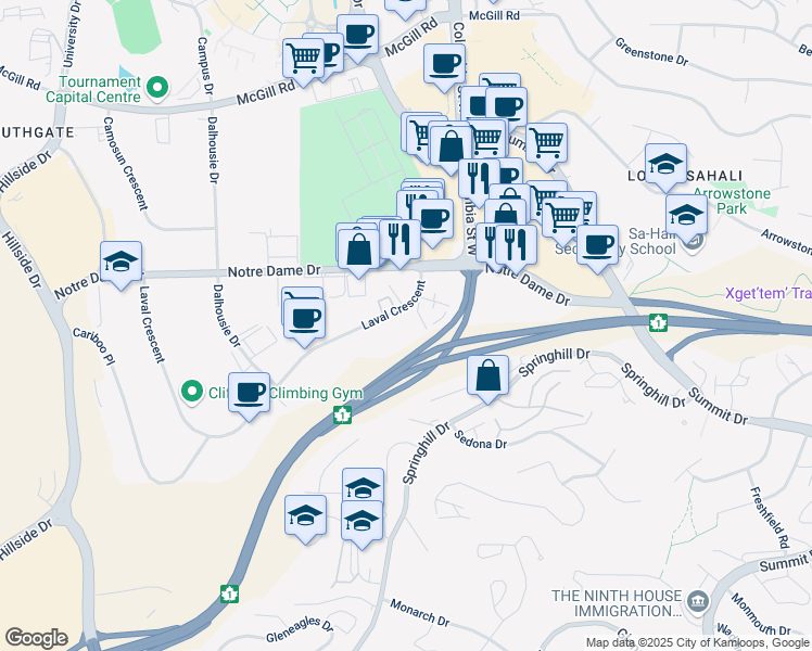 map of restaurants, bars, coffee shops, grocery stores, and more near 705 Laval Crescent in Kamloops