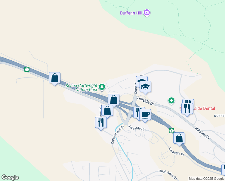 map of restaurants, bars, coffee shops, grocery stores, and more near 1940 Hillside Drive in Kamloops