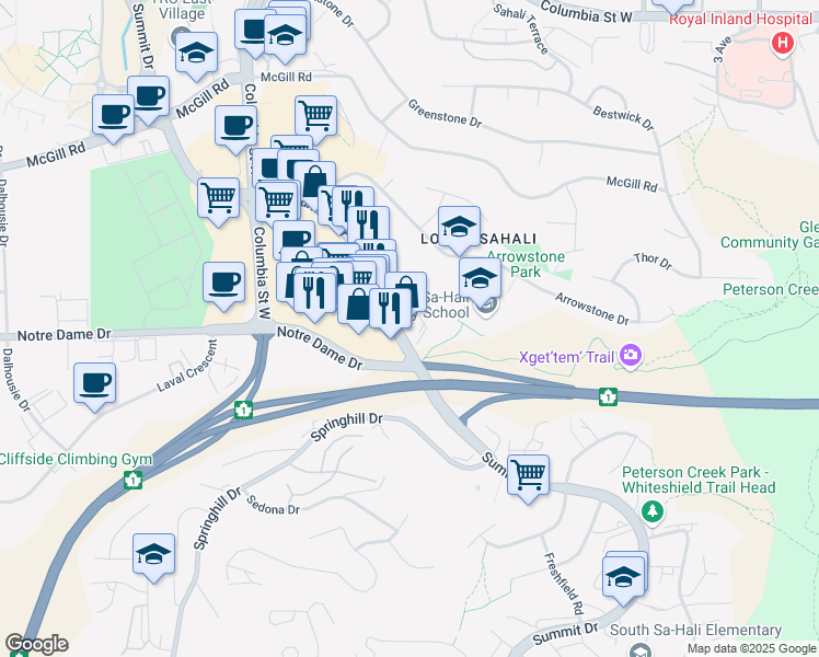 map of restaurants, bars, coffee shops, grocery stores, and more near 1375 Summit Drive in Kamloops