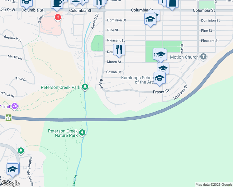 map of restaurants, bars, coffee shops, grocery stores, and more near 635 Fraser Street in Kamloops