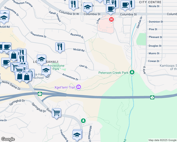 map of restaurants, bars, coffee shops, grocery stores, and more near 87 Thor Drive in Kamloops