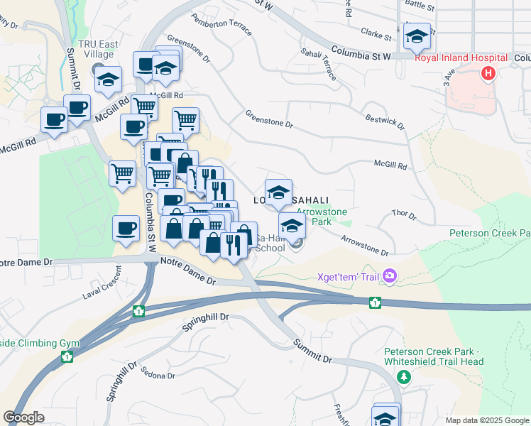 map of restaurants, bars, coffee shops, grocery stores, and more near 268 Arrowstone Drive in Kamloops