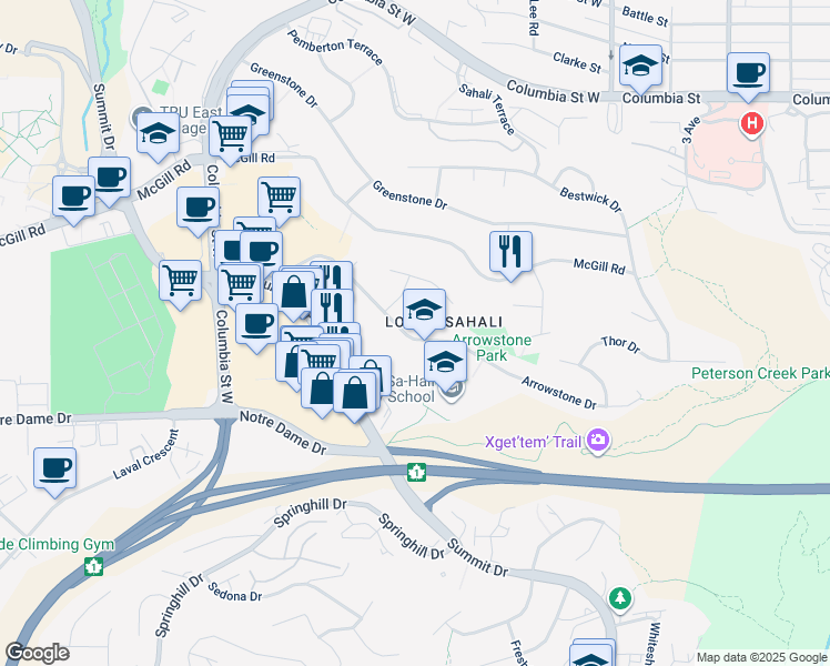 map of restaurants, bars, coffee shops, grocery stores, and more near 268 Arrowstone Drive in Kamloops