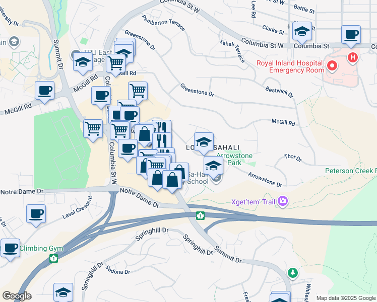map of restaurants, bars, coffee shops, grocery stores, and more near 293 Arrowstone Drive in Kamloops