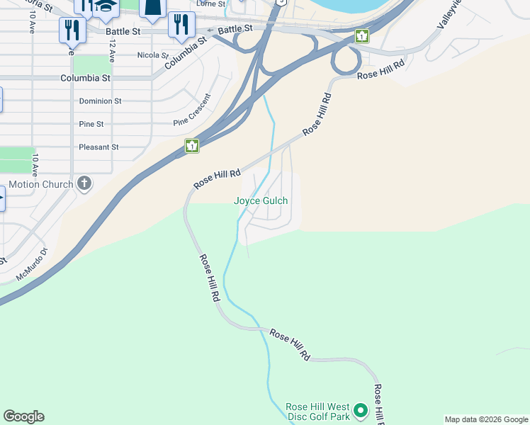 map of restaurants, bars, coffee shops, grocery stores, and more near 118 Player Drive in Kamloops