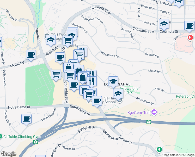 map of restaurants, bars, coffee shops, grocery stores, and more near 403 Arrowstone Drive in Kamloops