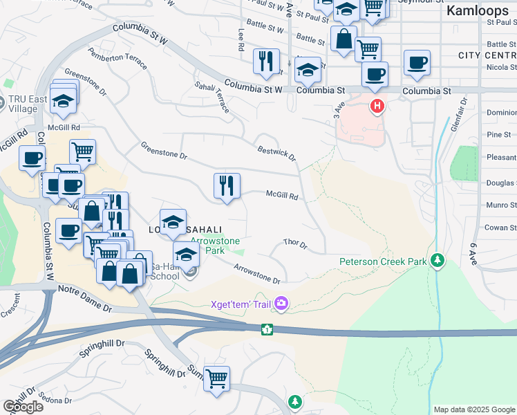 map of restaurants, bars, coffee shops, grocery stores, and more near 137 McGill Road in Kamloops