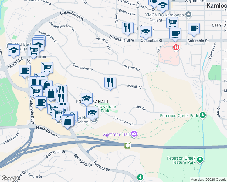 map of restaurants, bars, coffee shops, grocery stores, and more near 189 McGill Road in Kamloops
