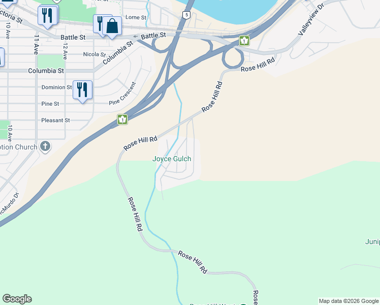 map of restaurants, bars, coffee shops, grocery stores, and more near 43 Pinedale Lane in Kamloops