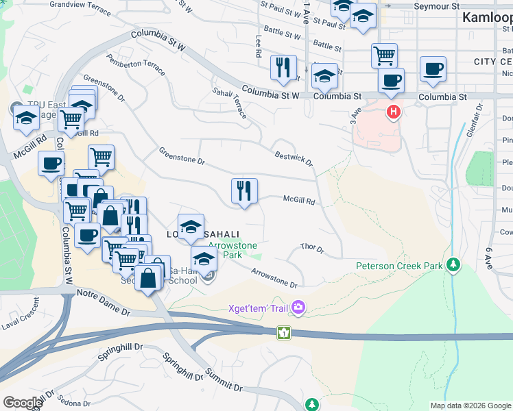 map of restaurants, bars, coffee shops, grocery stores, and more near 189 McGill Road in Kamloops