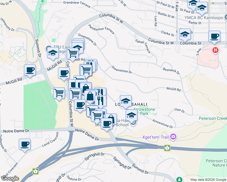 map of restaurants, bars, coffee shops, grocery stores, and more near 357 Gibraltar Court in Kamloops