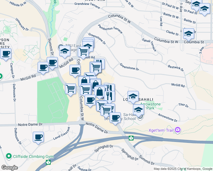 map of restaurants, bars, coffee shops, grocery stores, and more near 423 Arrowstone Drive in Kamloops