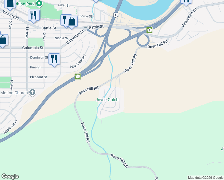 map of restaurants, bars, coffee shops, grocery stores, and more near 43 Pinedale Lane in Kamloops