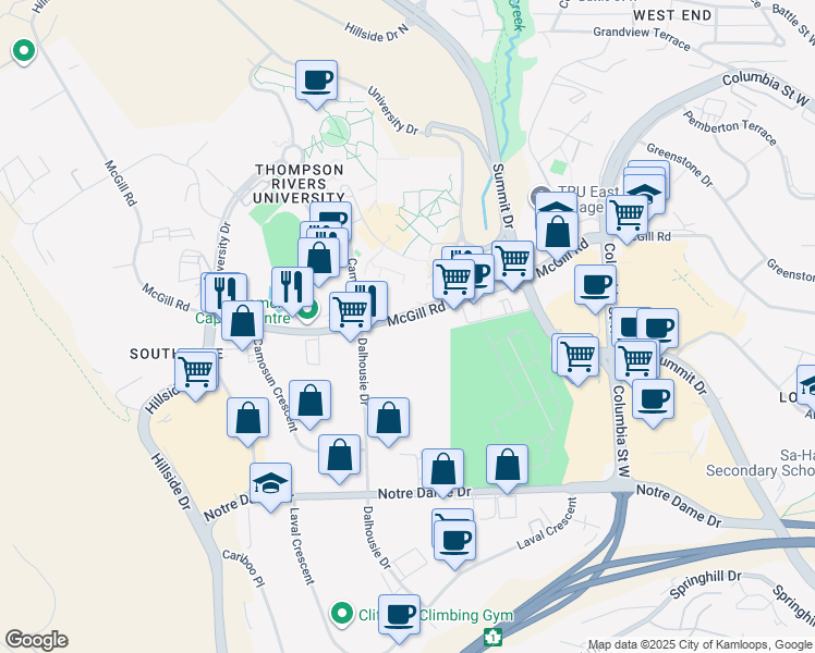 map of restaurants, bars, coffee shops, grocery stores, and more near 877 McGill Road in Kamloops