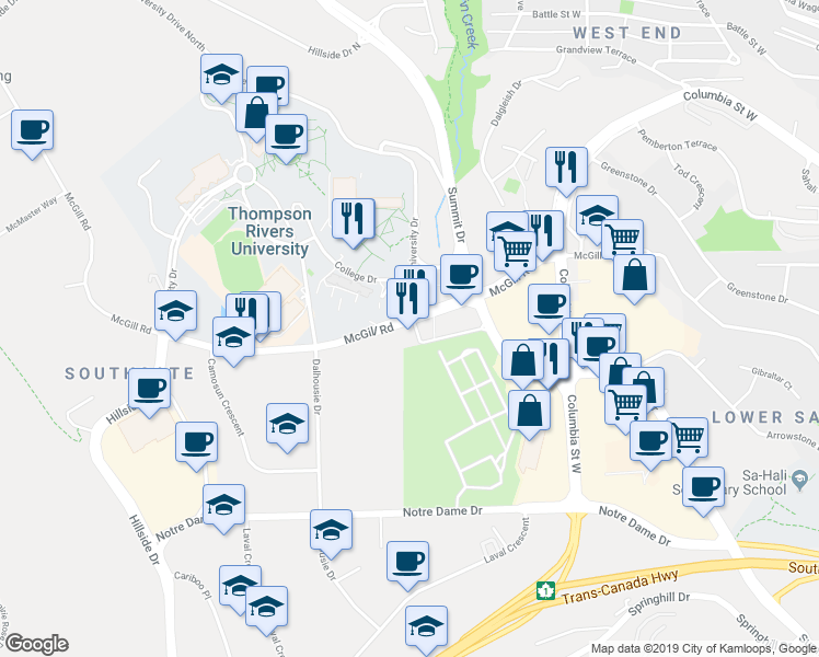 map of restaurants, bars, coffee shops, grocery stores, and more near 780 McGill Road in Kamloops