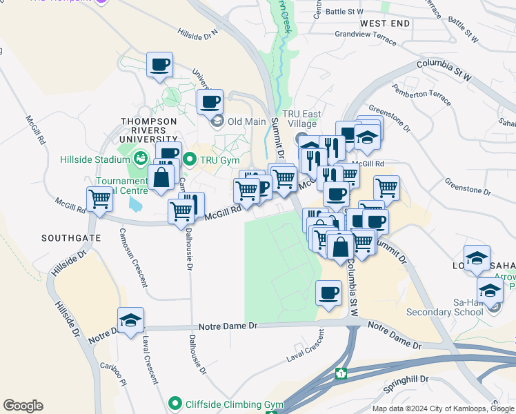 map of restaurants, bars, coffee shops, grocery stores, and more near 780 McGill Road in Kamloops
