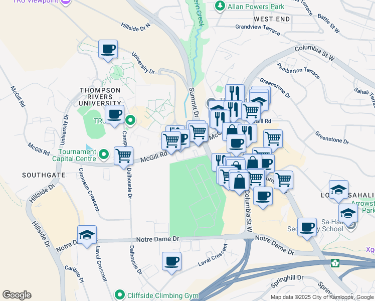 map of restaurants, bars, coffee shops, grocery stores, and more near 765 McGill Road in Kamloops