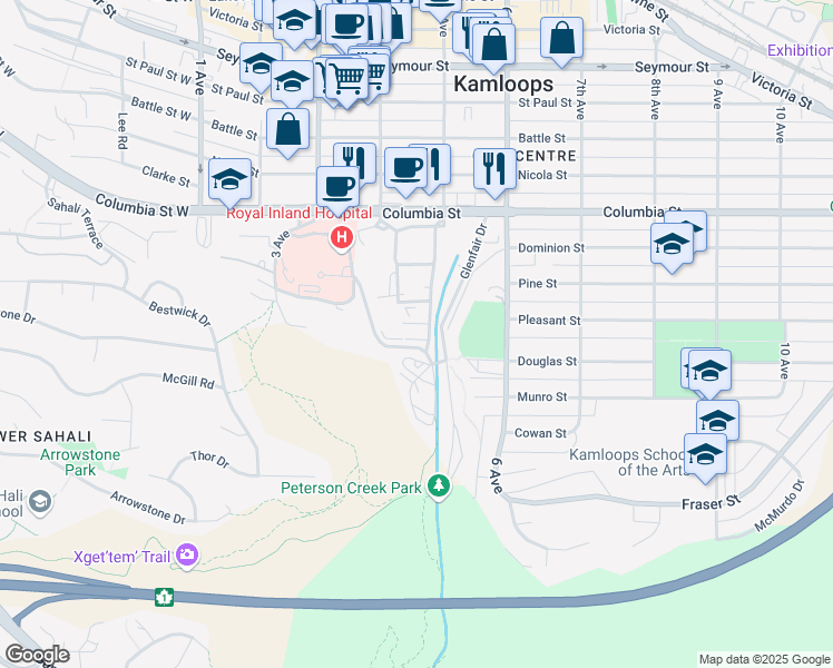 map of restaurants, bars, coffee shops, grocery stores, and more near 447 Columbia Street in Kamloops