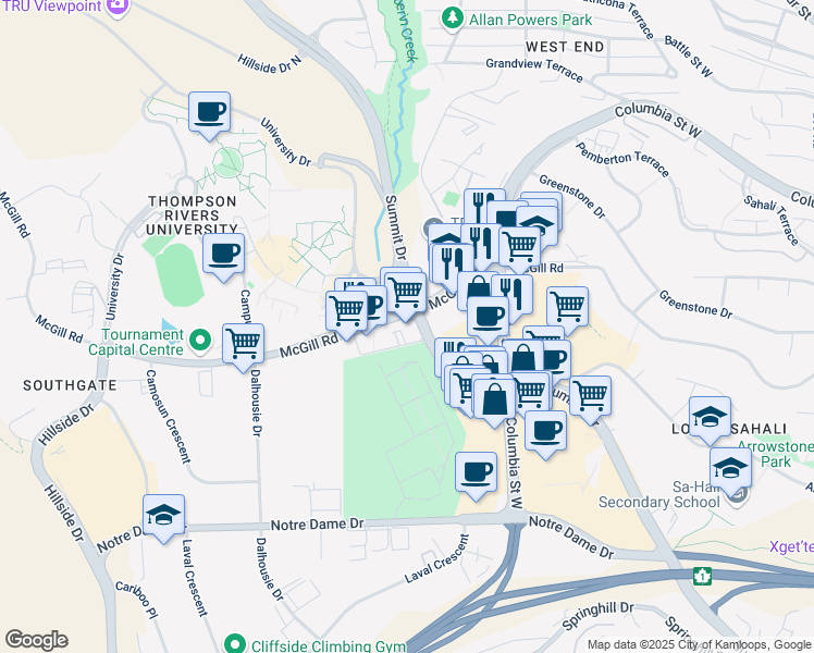 map of restaurants, bars, coffee shops, grocery stores, and more near 755 McGill Road in Kamloops