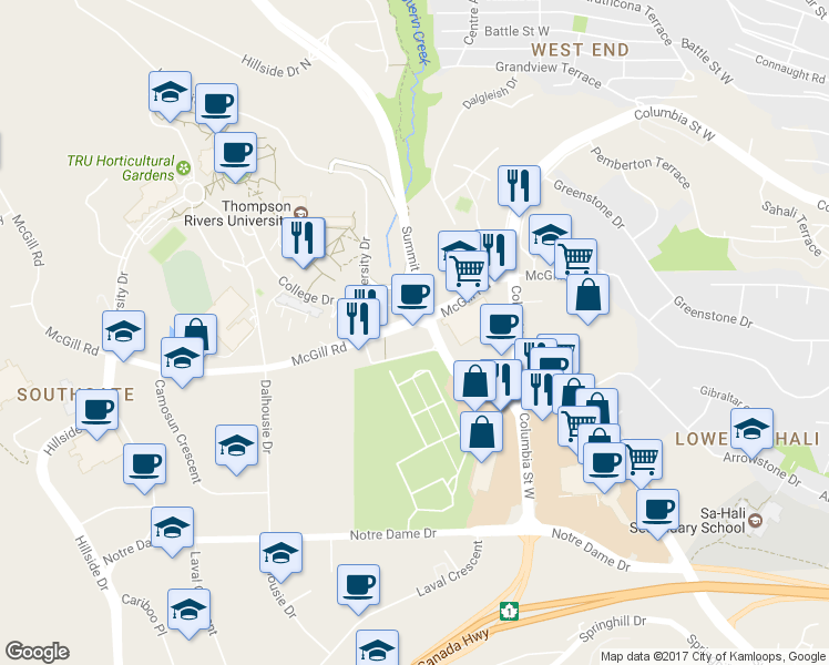 map of restaurants, bars, coffee shops, grocery stores, and more near 765-769 McGill Road in Kamloops