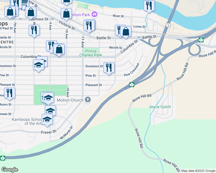 map of restaurants, bars, coffee shops, grocery stores, and more near 1255 Pleasant Street in Kamloops