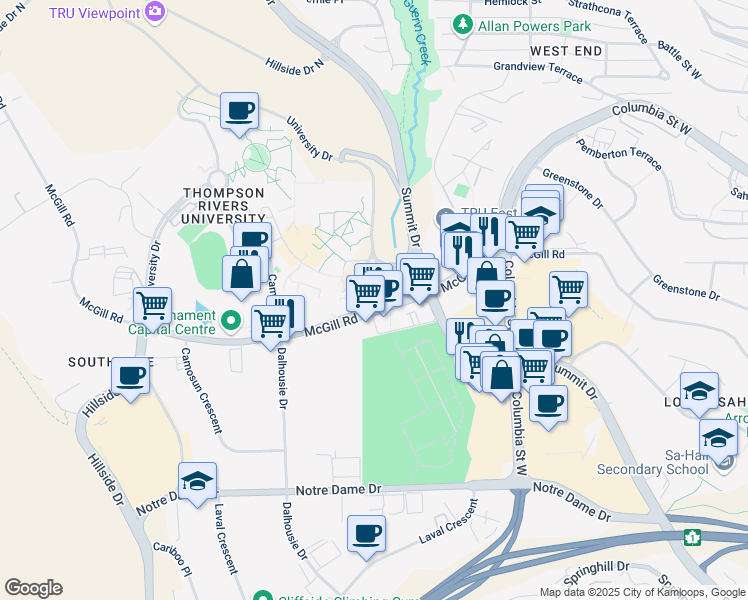map of restaurants, bars, coffee shops, grocery stores, and more near 780 McGill Road in Kamloops