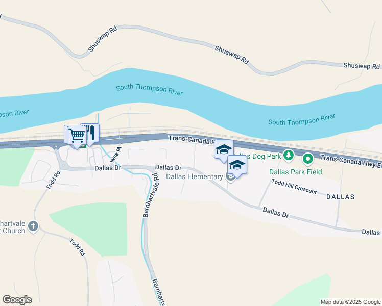 map of restaurants, bars, coffee shops, grocery stores, and more near 253 Viking Drive in Kamloops