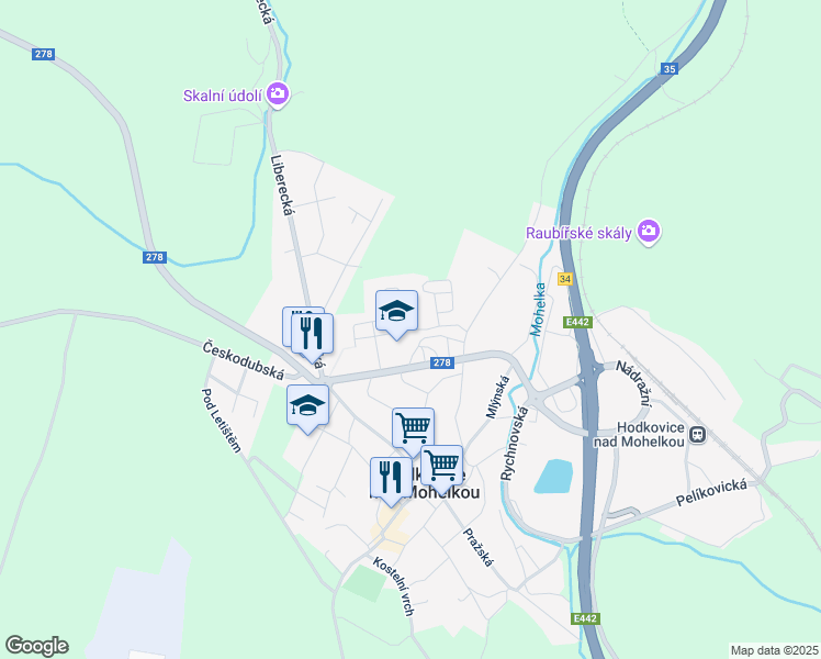 map of restaurants, bars, coffee shops, grocery stores, and more near Podlesí in Hodkovice nad Mohelkou