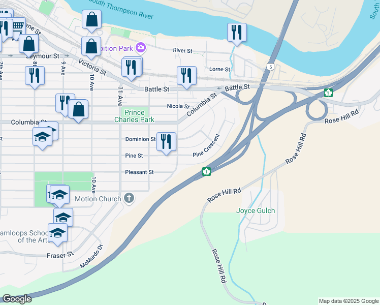 map of restaurants, bars, coffee shops, grocery stores, and more near 1330 Pine Crescent in Kamloops