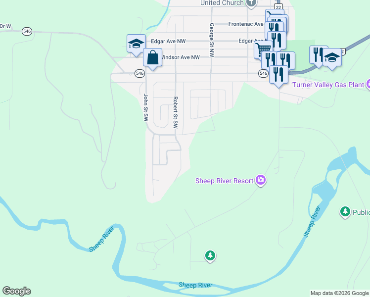 map of restaurants, bars, coffee shops, grocery stores, and more near 407 Robert Street Southwest in Turner Valley