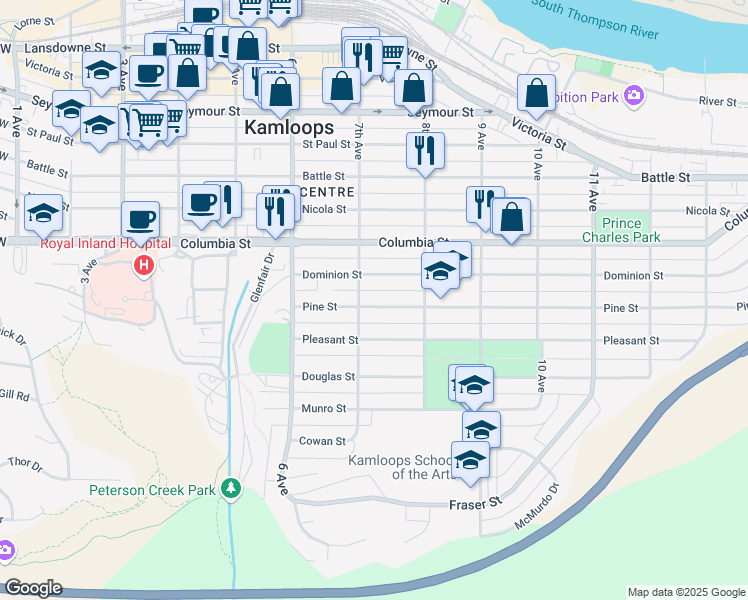 map of restaurants, bars, coffee shops, grocery stores, and more near 720 Pine Street in Kamloops