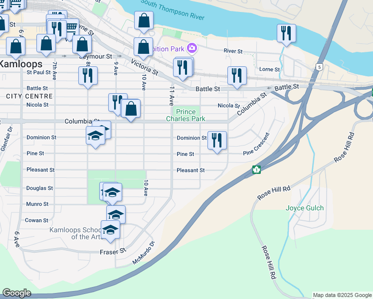 map of restaurants, bars, coffee shops, grocery stores, and more near 1152 Pine Street in Kamloops