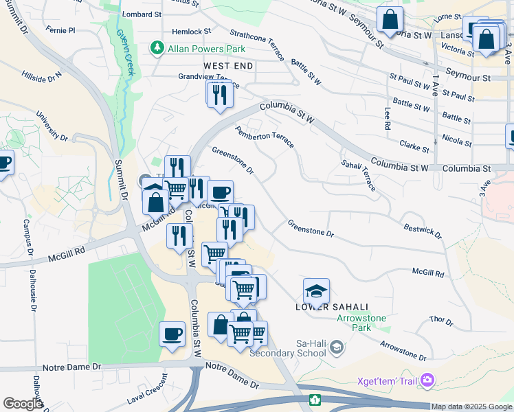 map of restaurants, bars, coffee shops, grocery stores, and more near 415 Greenstone Drive in Kamloops