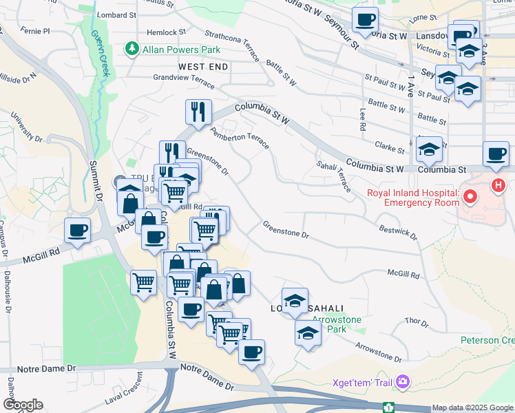 map of restaurants, bars, coffee shops, grocery stores, and more near 380 Greenstone Drive in Kamloops