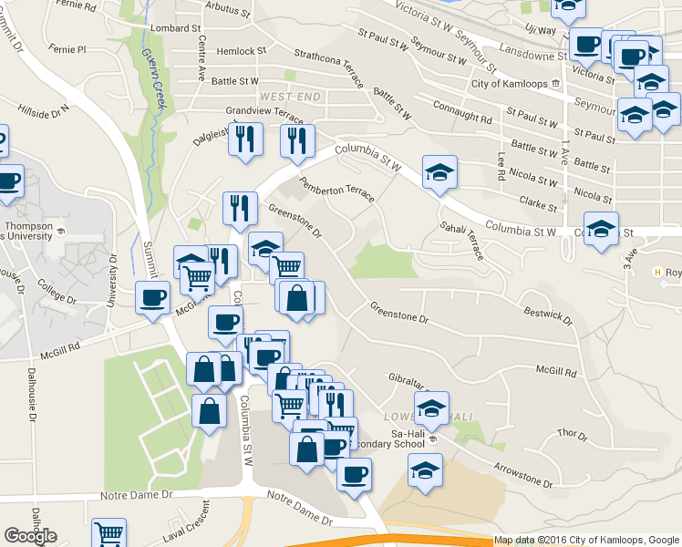 map of restaurants, bars, coffee shops, grocery stores, and more near 415 Greenstone Drive in Kamloops