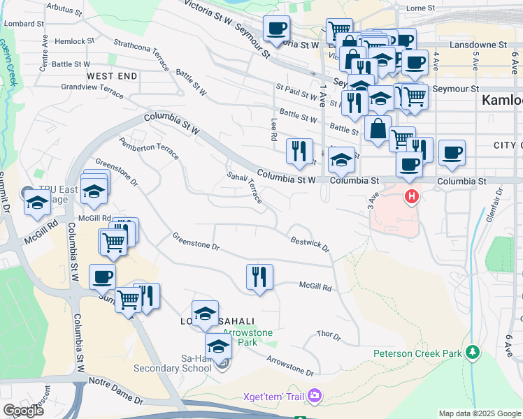 map of restaurants, bars, coffee shops, grocery stores, and more near 255 Pemberton Terrace in Kamloops