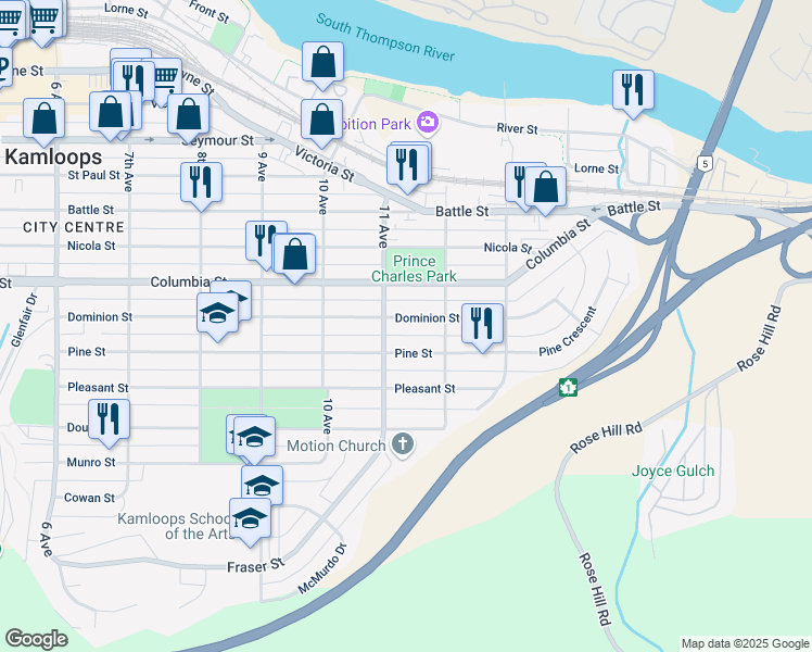 map of restaurants, bars, coffee shops, grocery stores, and more near 1133 Dominion Street in Kamloops