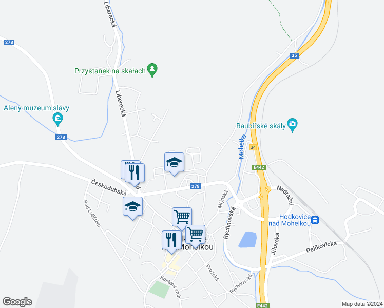 map of restaurants, bars, coffee shops, grocery stores, and more near Podlesí in Hodkovice nad Mohelkou