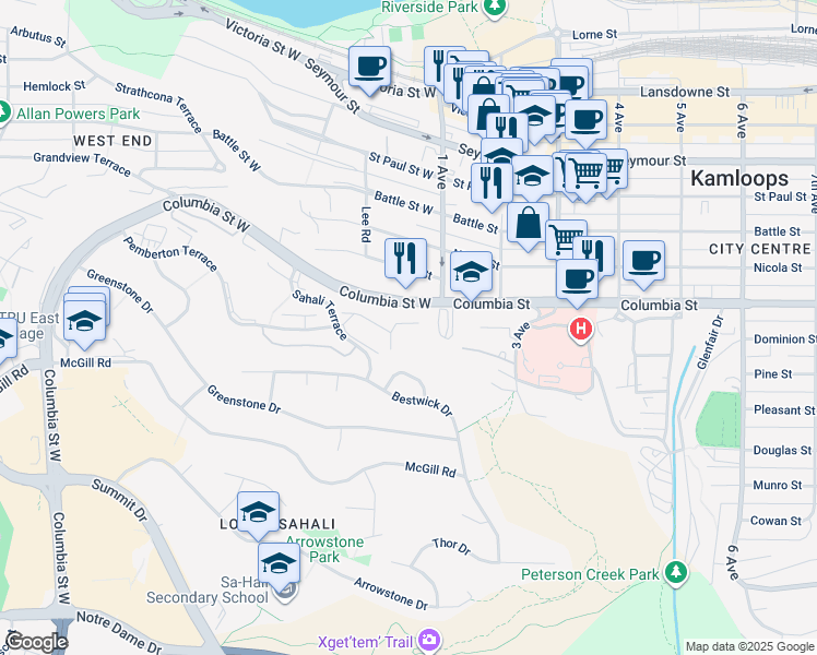 map of restaurants, bars, coffee shops, grocery stores, and more near 875 Sahali Terrace in Kamloops
