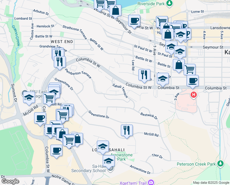 map of restaurants, bars, coffee shops, grocery stores, and more near 250 Pemberton Terrace in Kamloops