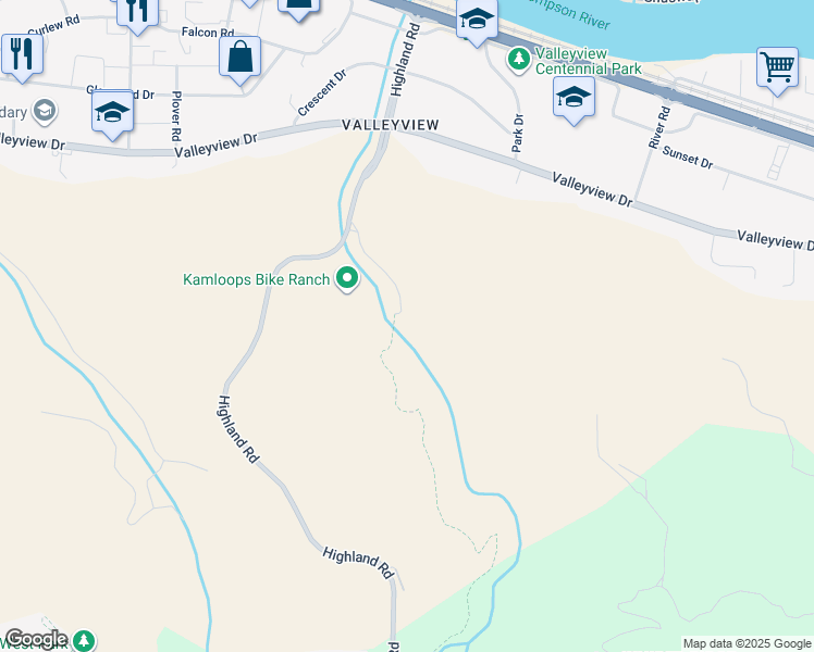 map of restaurants, bars, coffee shops, grocery stores, and more near 1105 Highland Road in Kamloops