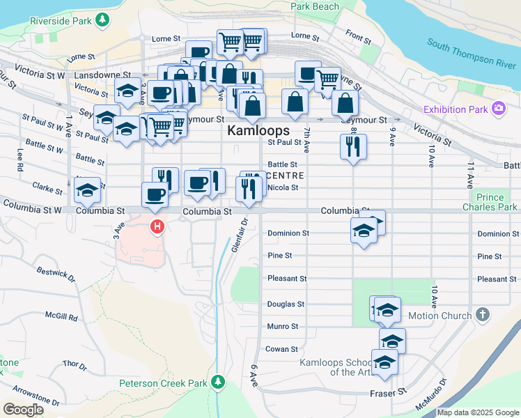 map of restaurants, bars, coffee shops, grocery stores, and more near 600 Columbia Street in Kamloops