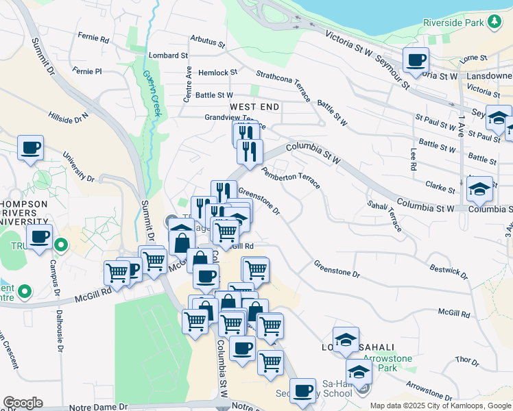 map of restaurants, bars, coffee shops, grocery stores, and more near 465 Greenstone Drive in Kamloops