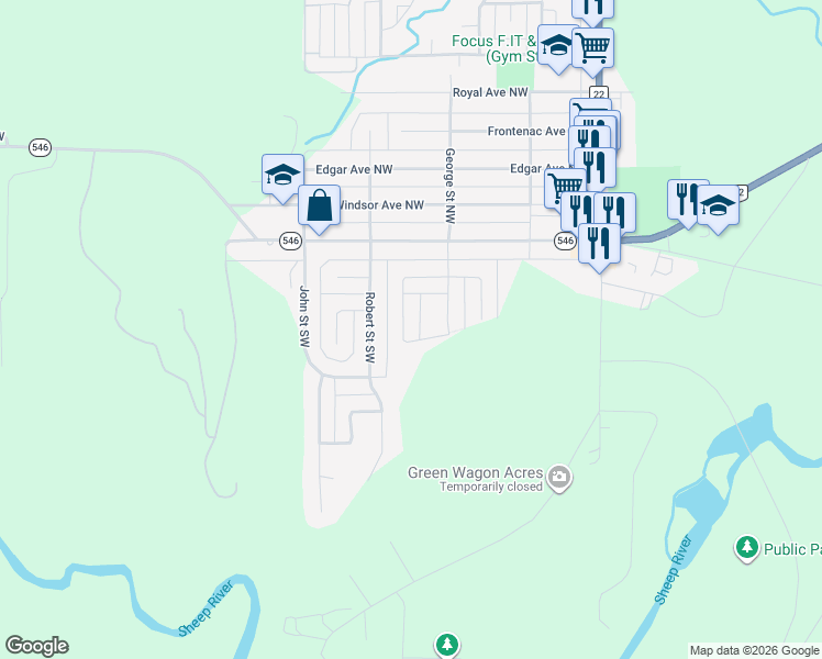 map of restaurants, bars, coffee shops, grocery stores, and more near 347 McLeod Crescent in Turner Valley