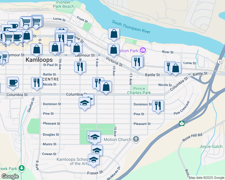 map of restaurants, bars, coffee shops, grocery stores, and more near 692 10 Avenue in Kamloops