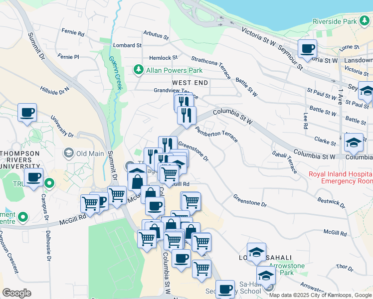 map of restaurants, bars, coffee shops, grocery stores, and more near 481 Greenstone Drive in Kamloops