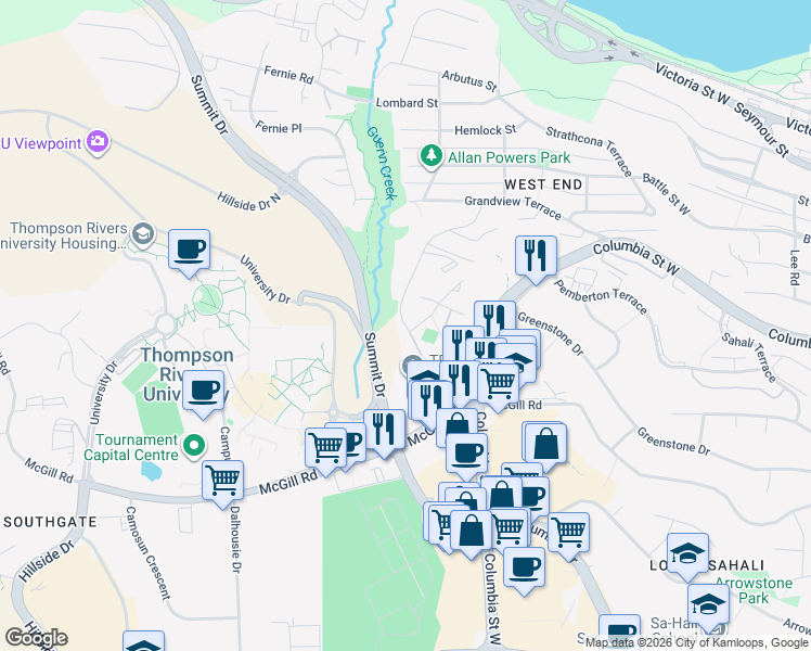 map of restaurants, bars, coffee shops, grocery stores, and more near 455 Dalgleish Drive in Kamloops