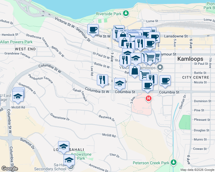 map of restaurants, bars, coffee shops, grocery stores, and more near 25 Clarke Street in Kamloops